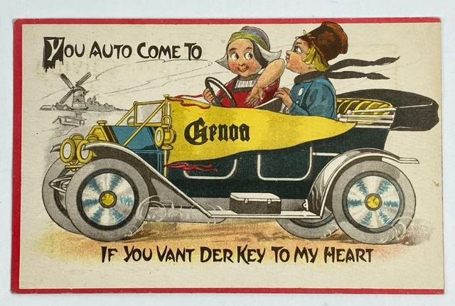 1913 Genoa Wisconsin WI Postcard Cartoon Couple Antique Car Posted