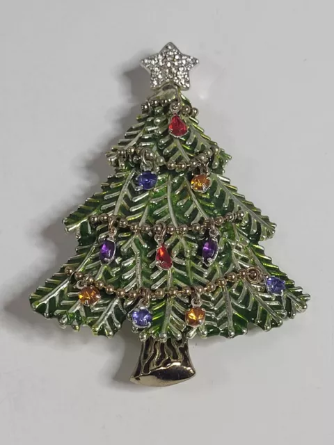 Vtg Avon 2008 Christmas Tree Enamel Dangle Rhinestone Holiday Brooch 5th Annual