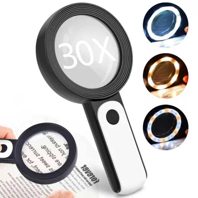 30X Magnifying Glass Handheld Magnifier With 18 LED Lights Optical 3 Color Mode