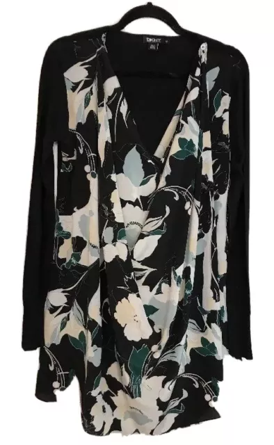 New DKNY DONNA KARAN CASHMERE SILK BLACK FLORAL TUNIC SWEATER Womens Small BC