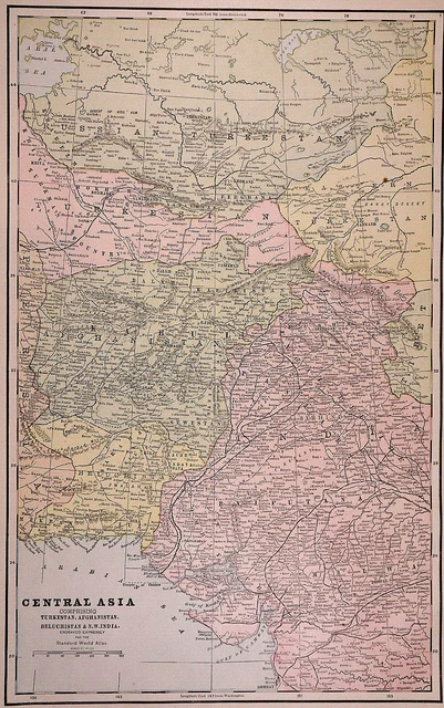 Old Lg (17"x12") 1889 Cram's Atlas Map ~ CENTRAL ASIA - AFGHANISTAN ~ Free S&H
