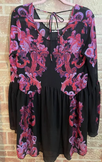Free People Symphony Dress Womens Size Large Black Boho Floral Bell Sleeves