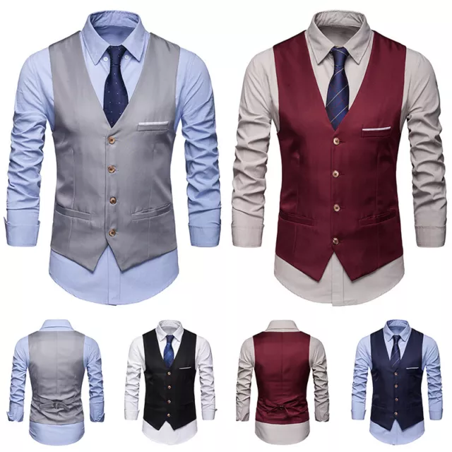 Mens V Neck Single-breasted Vest Coat Business Dress Waistcoat With Pockets