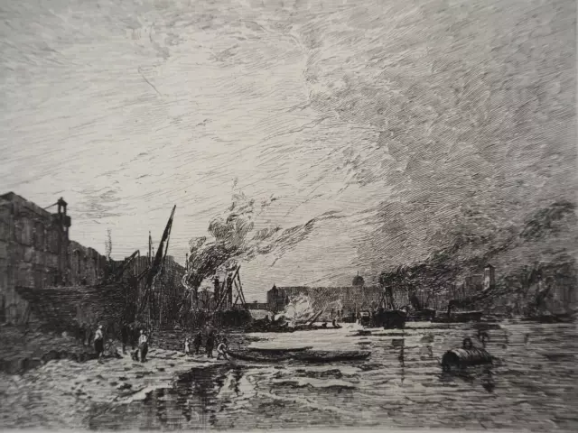 Jules HEREAU: Les quais de la Thames, signed engraving #Durand Ruel, 1873