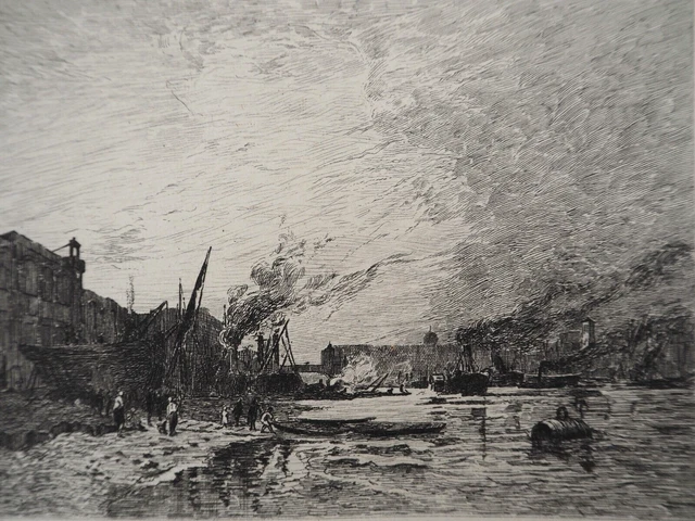 Jules HEREAU: Les quais de la Thames, signed engraving #Durand Ruel, 1873