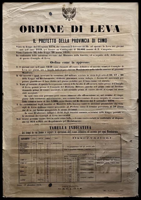 1870 * Manifesto, Poster Originale "Ordine di Leva - Como - 1870" Italia (C)