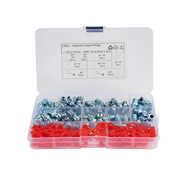 60PCS Metric Hydraulic Zerk Grease Fitting with 60PCS Covers Assortment Set Kit