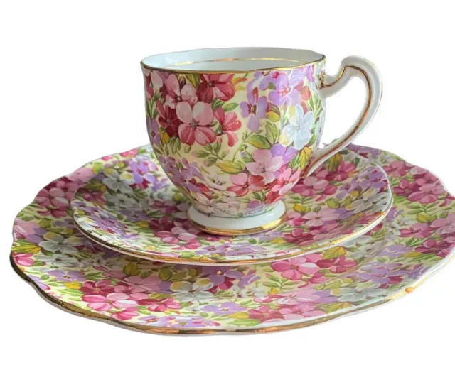 Royal Standard Virginia Stock Teacup Saucer 3 Pc Set Pink Floral Chintz Vtg