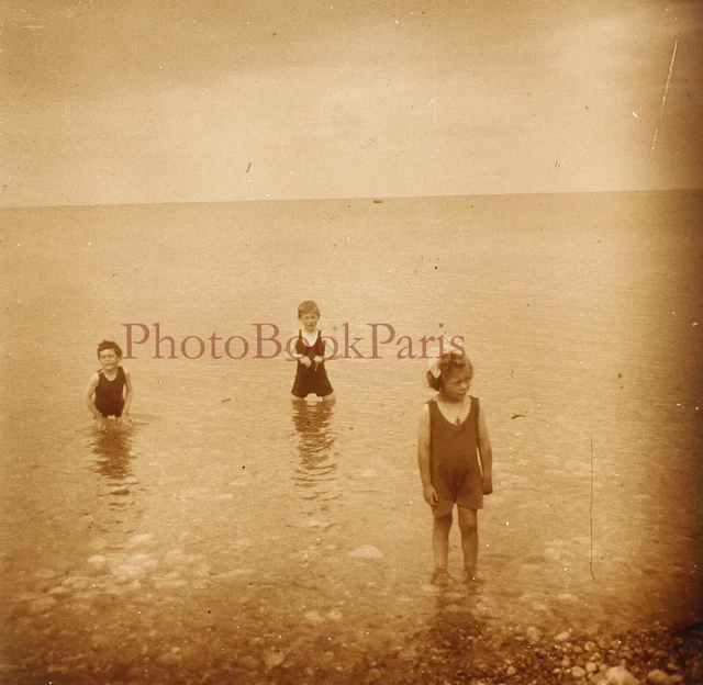 France Enfants à la plage c1930 Photo Plaque Stereo Vintage V33L19n