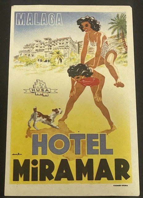 1940's-50's Hotel Miramar Malaga, Spain Baggage Label Original Leap Frog Beach