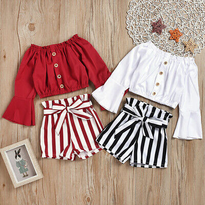 Toddler Kids Baby Girls Ruffle Off Shoulder T-Shirt Tops+Striped Shorts Outfits