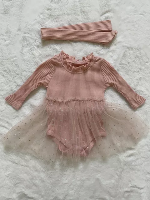 Baby Girl Pink Tutu Bodysuit Dress and Matching Headband - 0-3 Months