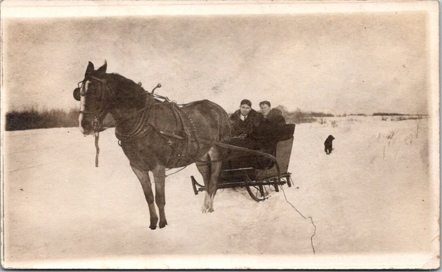RPPC Horse Drawn Sleigh Snow Dog 2 Men Couple Fur Velox c1910 photo postcard GP2
