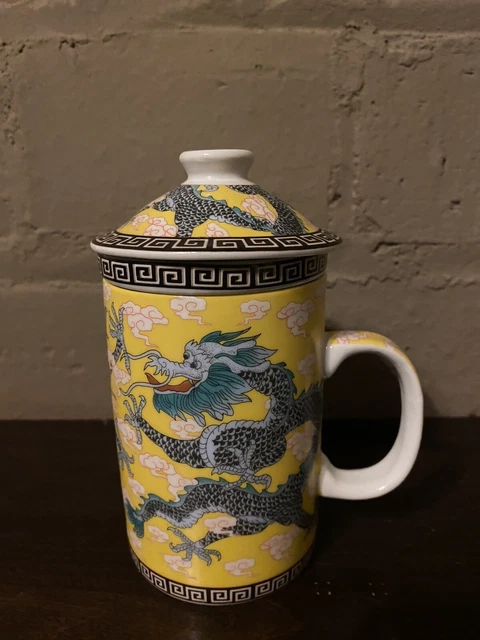 Chinese Dragon Mug Yellow Blue Green 12 oz 4" Tea Infuser Tea Cup Authentic