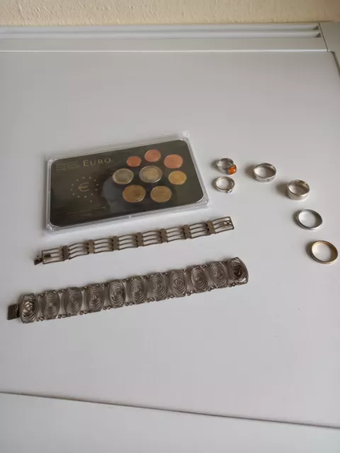 Konvolut -Silber Schmuck 925- 6 Ringe -2 Armbänder -2 Armbanduhren-1 Münzsatz