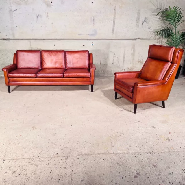 Quality Thams 70s Danish Three Seater Tan Leather Sofa and Leather Armchair #A43