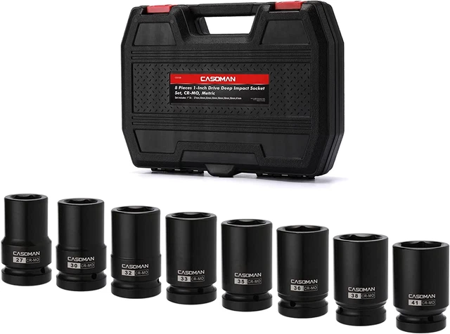 8 Pieces 1-Inch Drive Deep Impact Socket Set, CR-MO, Metric, 6-Point, Heavy Duty