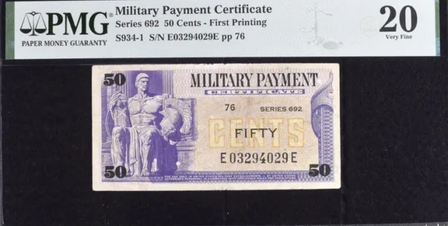 Military Payment Certificate 50c Series 692 First Printing PMG 20 Very Fine Note
