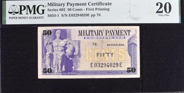 Military Payment Certificate 50c Series 692 First Printing PMG 20 Very Fine Note
