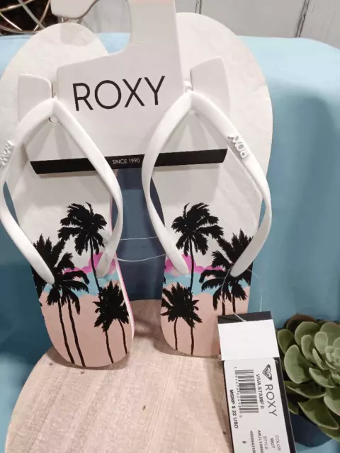 Roxy Women's Viva Stamp Flip Flop Sandals - White/Ocean Print 8M