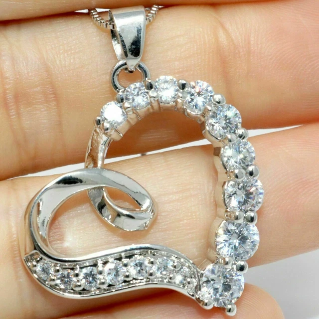 14K White Gold Plated 18"Free Chain 2Ct Round Cut Moissanite Heart Shape Pendant