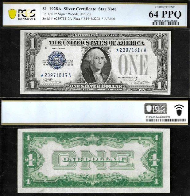 $1 1928-A Silver Cert, Fr. 1601*  Funny Back Star PCGS-B Ch Unc 64PPQ