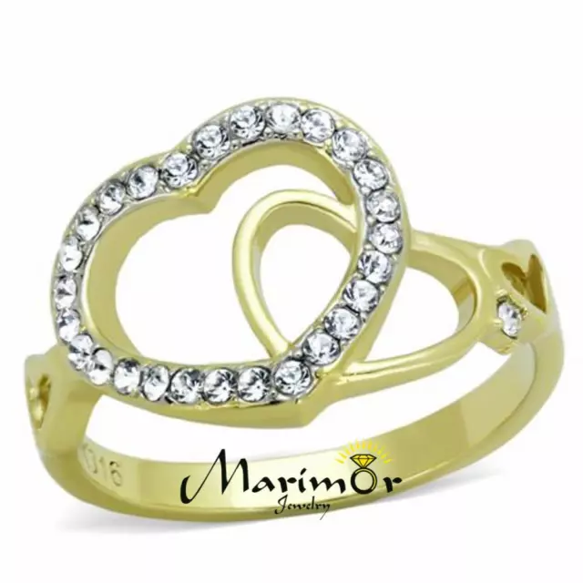 14k Gold Ion Plated Stainless Steel Heart & Crystal Fashion Ring Women's Sz 5-10