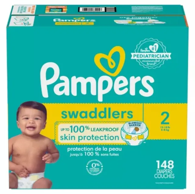 Pampers Swaddlers Disposable Baby Diapers, Size 2 (12-18 lbs.) 148 COUNT