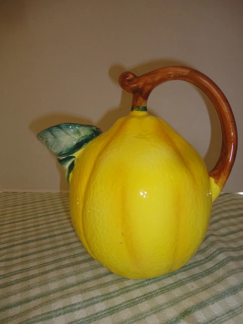 Vintage Handpainted Ceramic Lemon Pitcher Jug Tiki Tropical 8" Tall