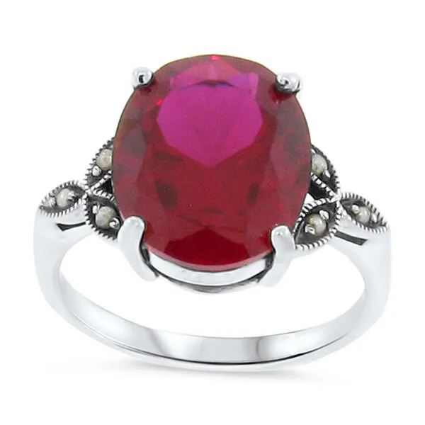 Victorian Style 925 Sterling Silver 7 Ct Lab-Created Ruby Pearl Ring        #103