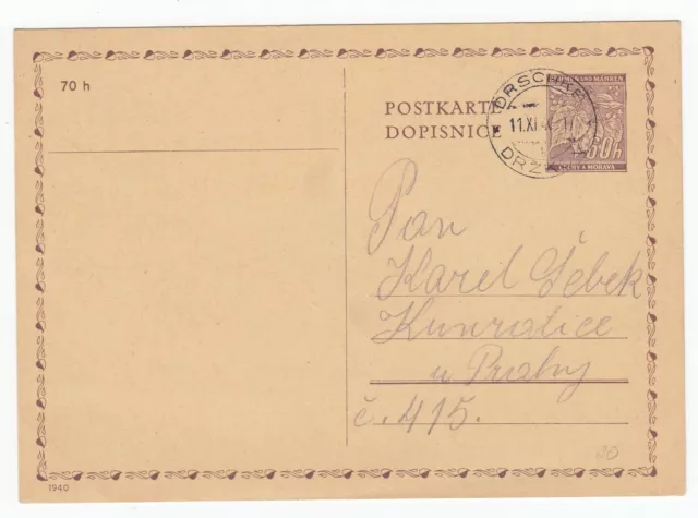 Böhmen und Mähren Postkarte Ganzsache von Drschke Držkov nach Prag 1940