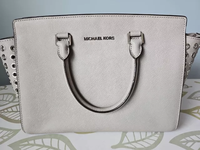 Michael Kors Selma Gray Leather Silver Grommet Medium Handbag Satchel