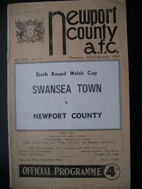 NEWPORT COUNTY  v  Swansea Town  63/4  Welsh Cup.