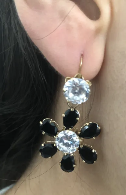 10Kt Yellow Gold Dangle Drop Earrings Black Onyx And White Sapphires  Flower 🌺