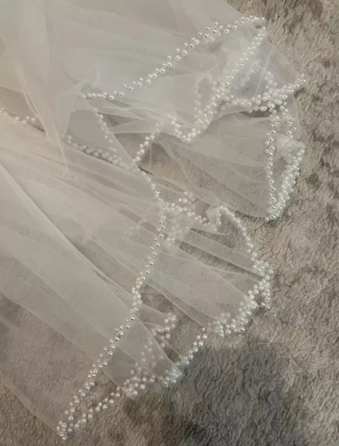 Bridal Wedding Off White Elbow Veil 1T Scalloped Handmade Pearls Bead Edge 90cm 2