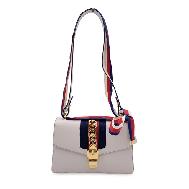 Authentic Gucci White Leather Sylvie Small Signature Web Shoulder Bag
