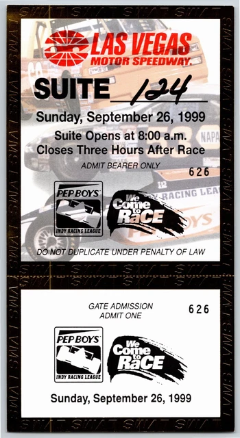1999 Las Vegas Motor Speedway Indy Racing Vegas.com 500 Unused Suite Ticket 626