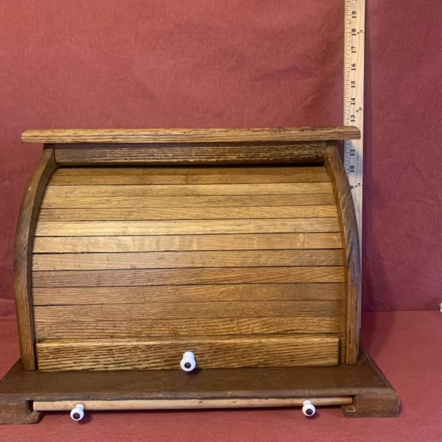 Vintage Wooden Roll Top Bread Box With Pull Out Cutting Board