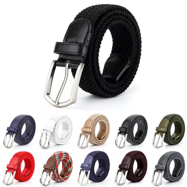 Mens Stretch Belts Ladies Elasticated Woven Braided Belt Metal Buckle For Jeans