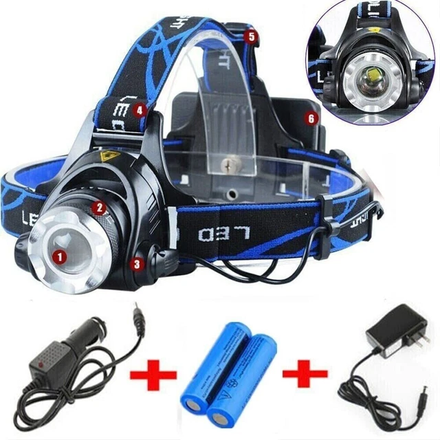 Lampe frontale rechargeable puissante led  2200000lm + chargeur + 2 batteries fr