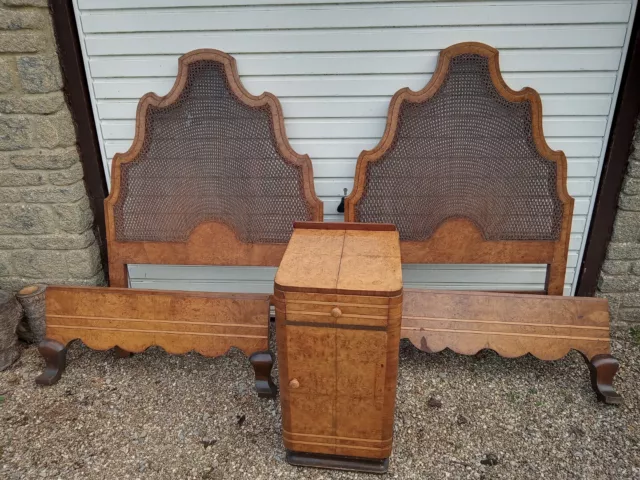 Antique Art Deco Burr Walnut  Bed Ends And Matching Bedside Cabinet.