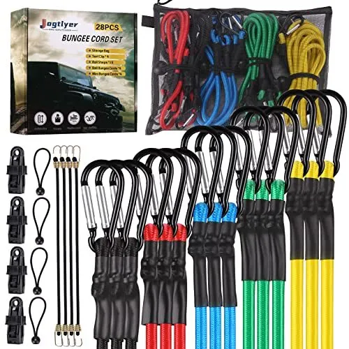 Bungee Cords Set 28Pcs Heavy Duty Outdoor Roll Bungie Cord Bundle with Carabiner