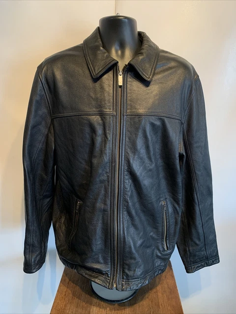 Vtg Eddie Bauer Black Leather Full Zip Jacket Coat Mens Size Large Tall