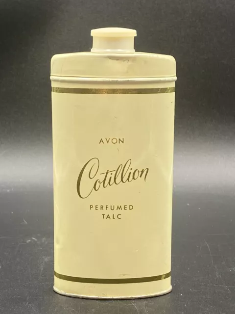 AVON Vintage Cotillion Perfumed Talc Ivory Color Shaker Tin Can Half Full 2.75oz