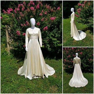Vintage 1960s Does 40s Liquid Satin Cream Long Sleeve Wedding dress W25-26"