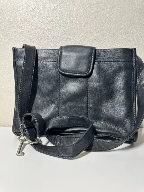 Vintage Fossil Black Leather Crossbody Organizer Shoulder Bag Handbag Purse EUC