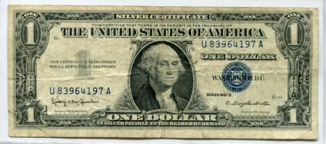 1957-B One Dollar Blue Seal Note Silver Certificate - U.S. Bill $1
