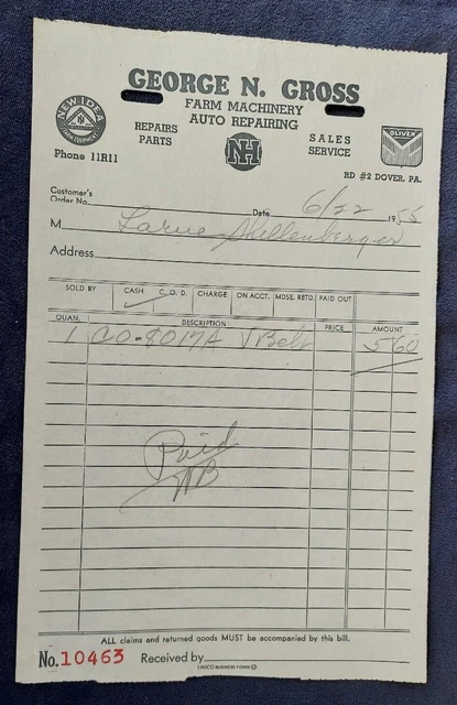 1955 Advertising Invoice George N Gross Dover PA Farm Machinery Oliver New Idea