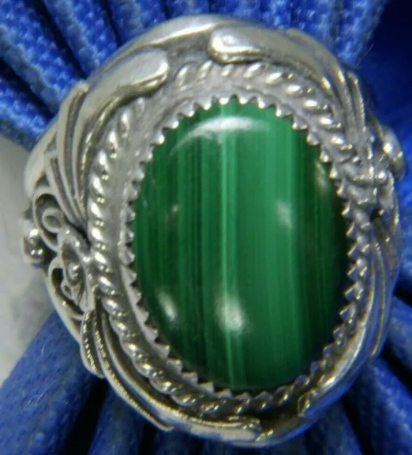 Malachite 1" vintage 0.925 Sterling Silver UNISEX MENS band Ring size 9 3