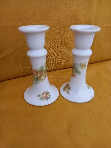 Vintage Limoges Candlesticks. Pair Limoges Porcelain Rose Pattern Candlesticks